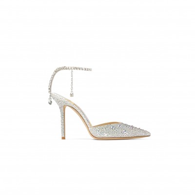 JIMMY CHOO SAEDA 100 IVORY SATIN PUMPS WITH CRYSTAL EMBELLISHMENT SAEDA100BAM